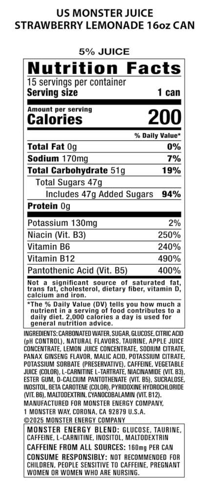 Monster Energy Juice Strawberry Lemonade 16 oz 15 pack